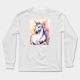 Watercolor fantasy unicorn with flowers Long Sleeve T-Shirt